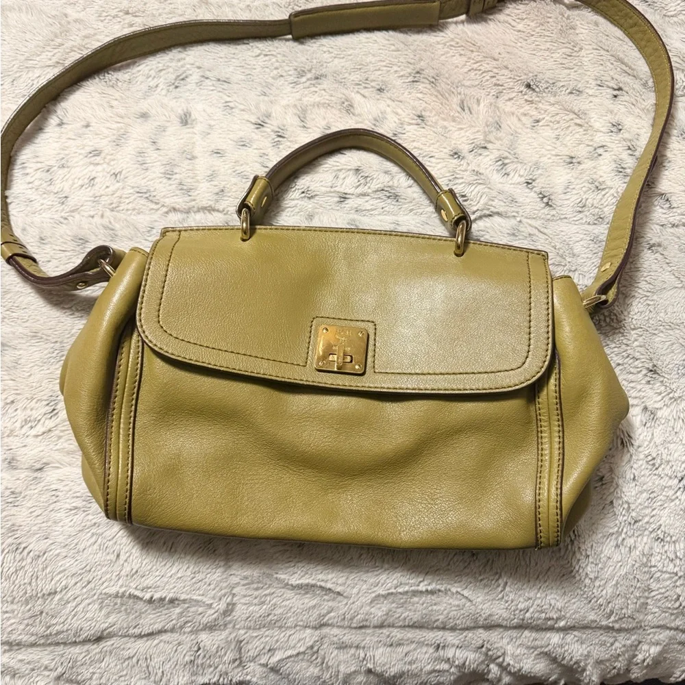 MCM Olive Leather Briefcase with Gold Accents